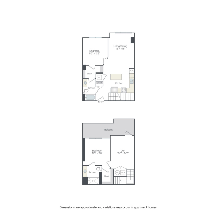 Rendering of the Tilbury floor plan with 2 bedroom[s] and 2 bathroom[s] at Griffis Edgemoor