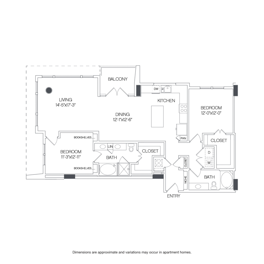 Rendering of the Renner floor plan with 2 bedroom[s] and 2 bathroom[s] at Griffis Uptown