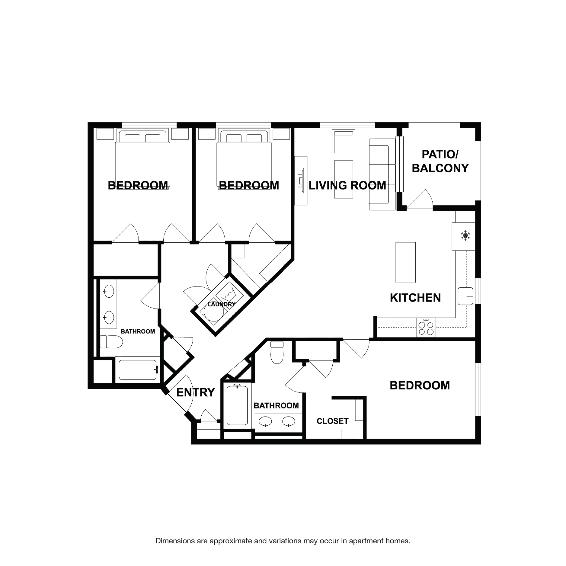 Rendering of the Sage floor plan with 3 bedroom[s] and 2 bathroom[s] at Griffis Platinum Triangle