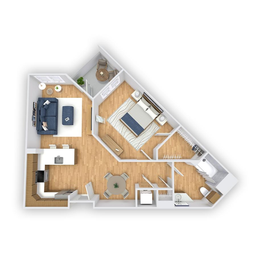 Rendering of the Braly floor plan with 1 bedroom[s] and 1 bathroom[s] at Griffis South Bay