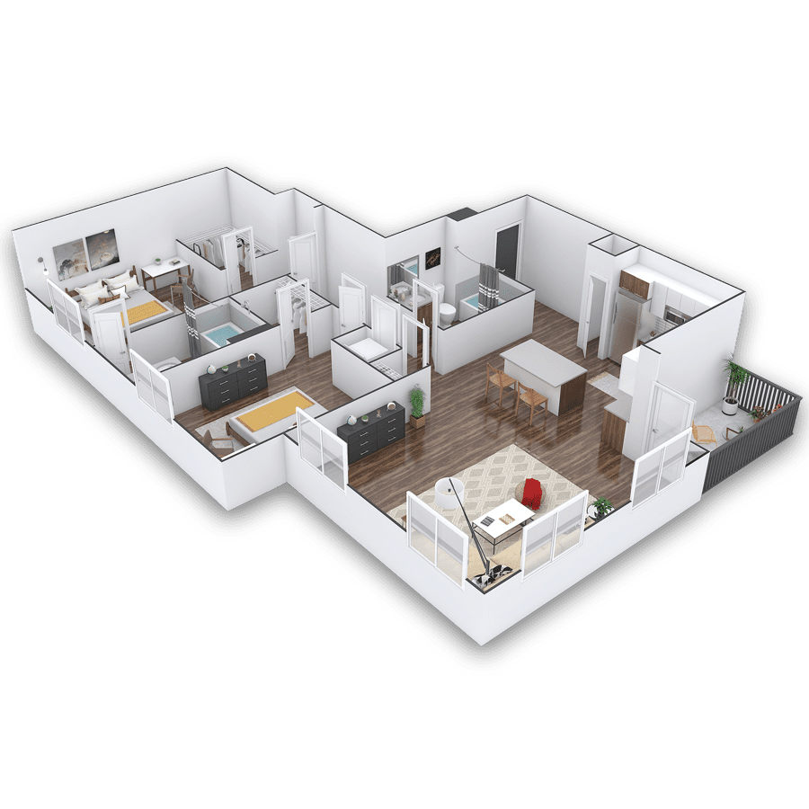 Rendering of the Ullrich Platinum floor plan with 2 bedroom[s] and 2 bathroom[s] at Griffis Cherry Creek