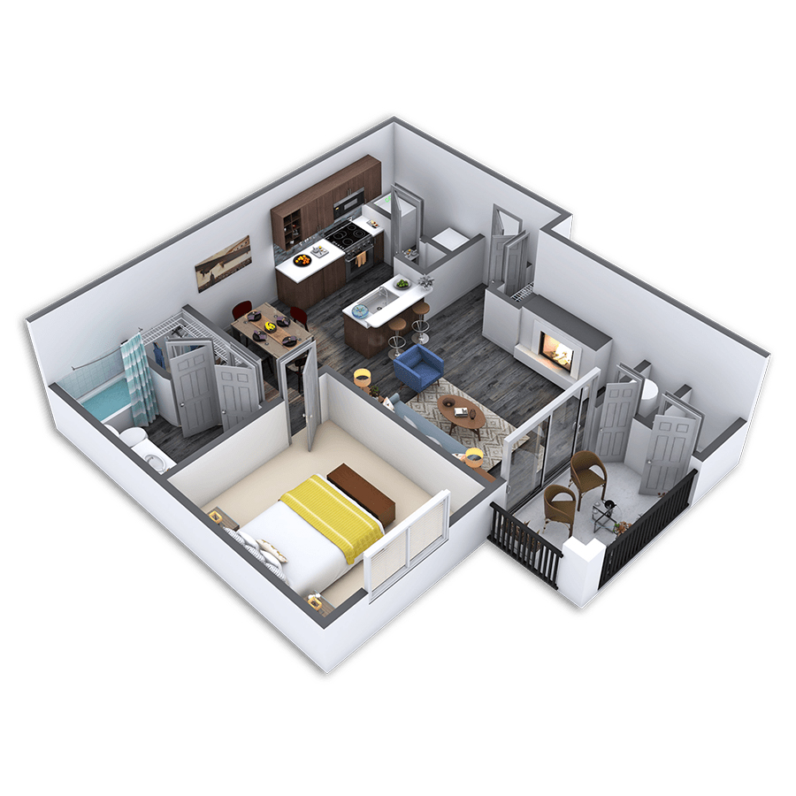 Rendering of the Exemplary floor plan with 1 bedroom[s] and 1 bathroom[s] at Griffis Lakeline Station
