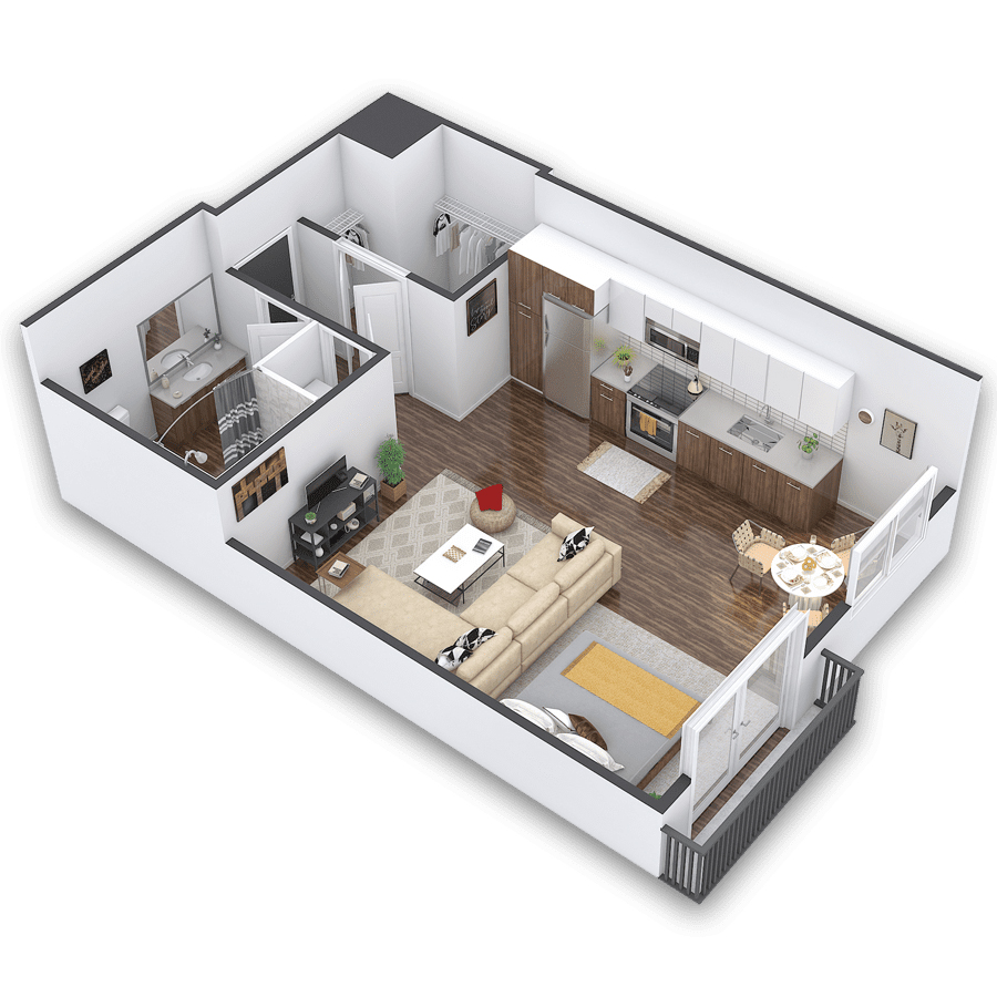 Rendering of the Bartali Platinum floor plan with a Studio bedroom and 1 bathroom[s] at Griffis Cherry Creek
