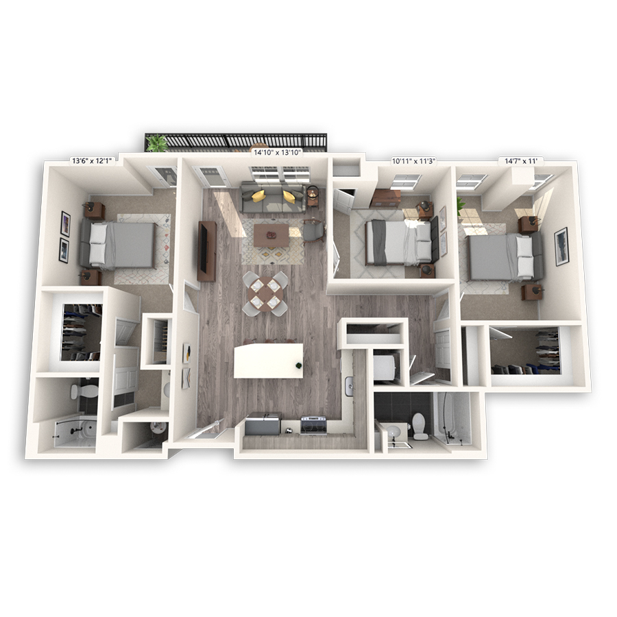 Rendering of the Cuernavaca Platinum floor plan with 3 bedroom[s] and 2 bathroom[s] at Griffis Cheesman Park