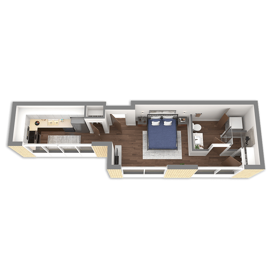 Rendering of the Willamette floor plan with a Studio bedroom and 1 bathroom[s] at Griffis South Waterfront