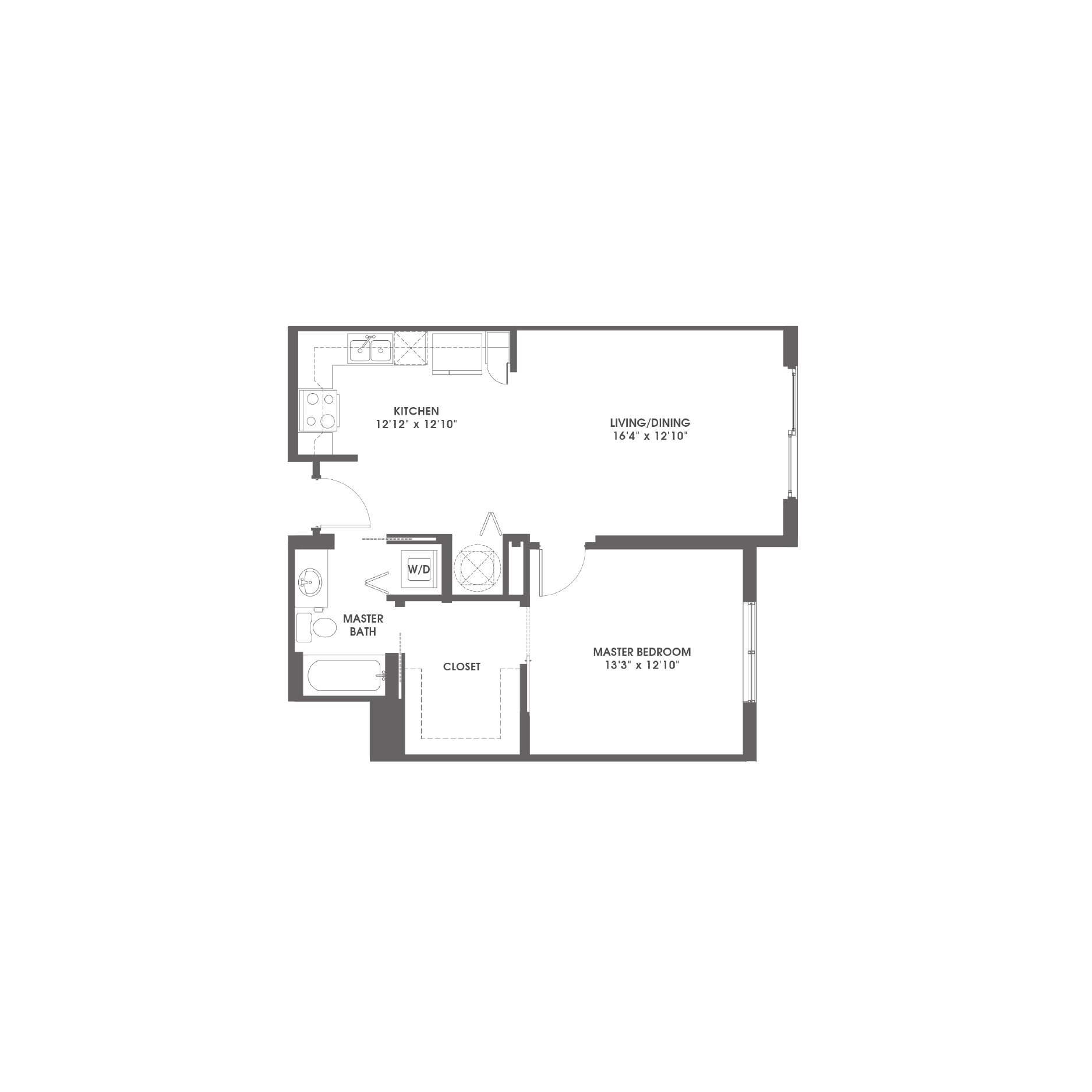 Rendering of the Boynton floor plan with 1 bedroom[s] and 1 bathroom[s] at Griffis Pompano Beach