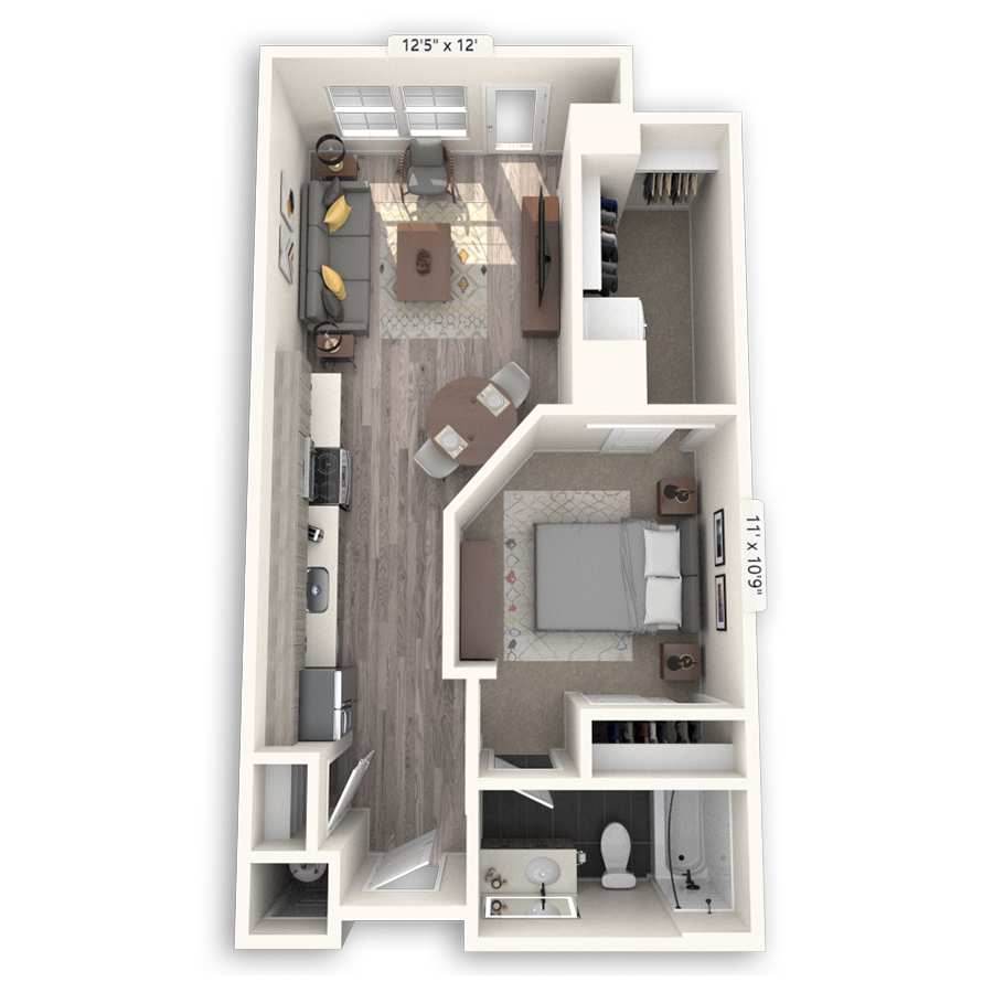 Rendering of the Southmoor floor plan with 1 bedroom[s] and 1 bathroom[s] at Griffis Cheesman Park