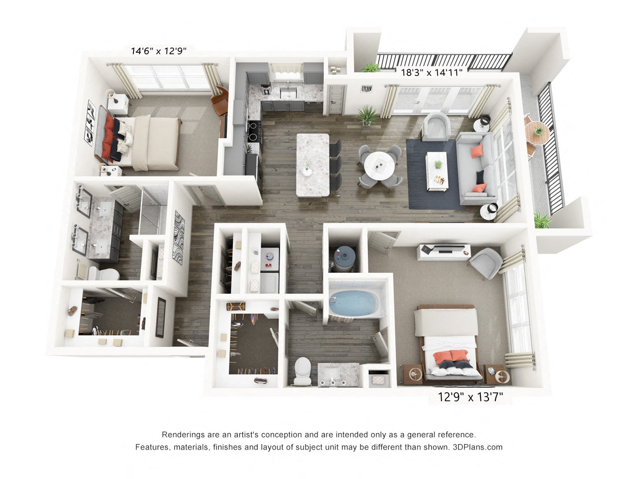 Rendering of the Rolater floor plan with 2 bedroom[s] and 2 bathroom[s] at Griffis Frisco