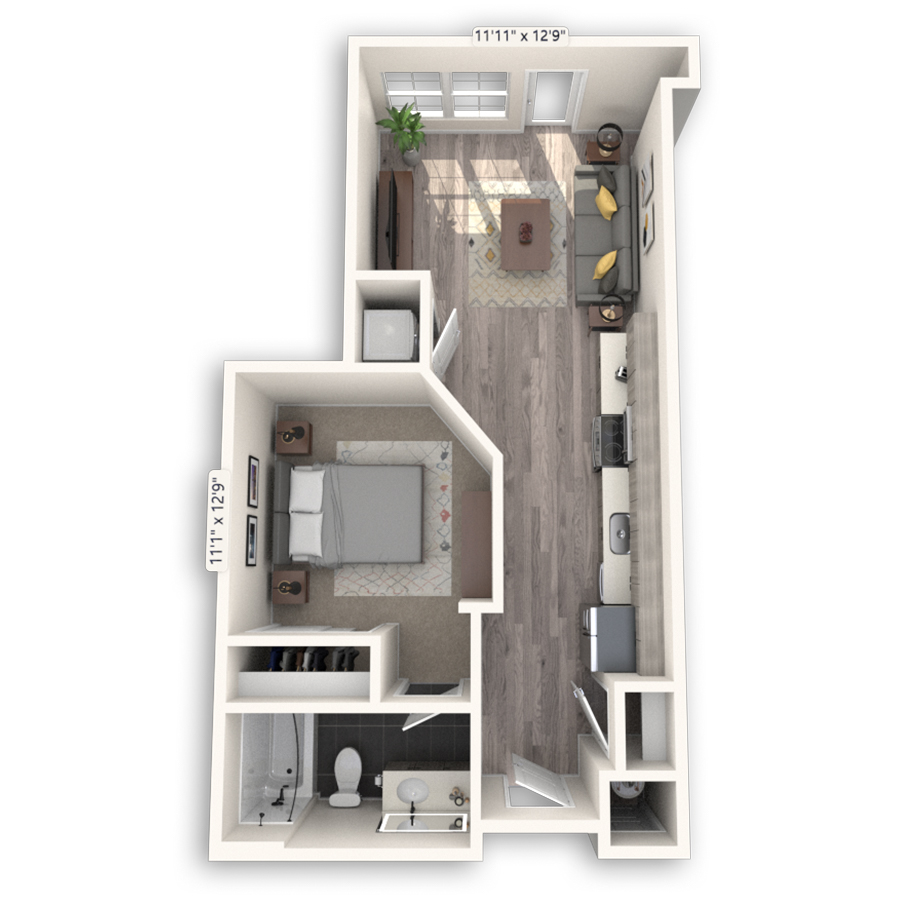 Rendering of the Washington Platinum floor plan with 1 bedroom[s] and 1 bathroom[s] at Griffis Cheesman Park