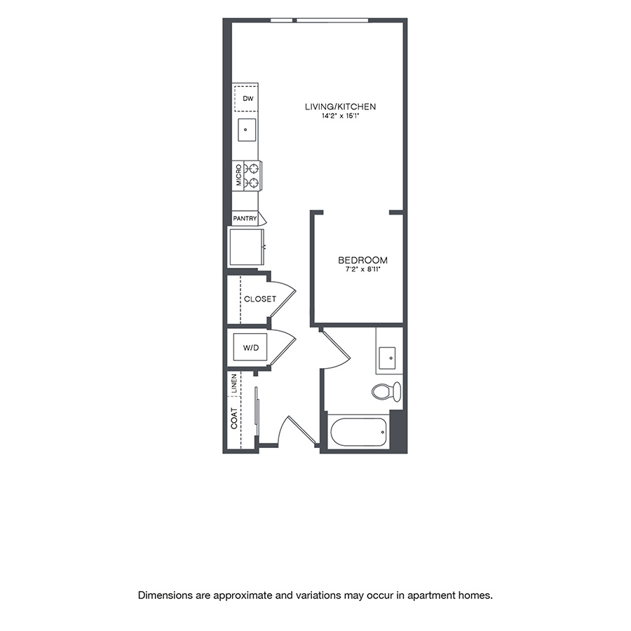 Rendering of the College floor plan with a Studio bedroom and 1 bathroom[s] at Griffis Shoreline