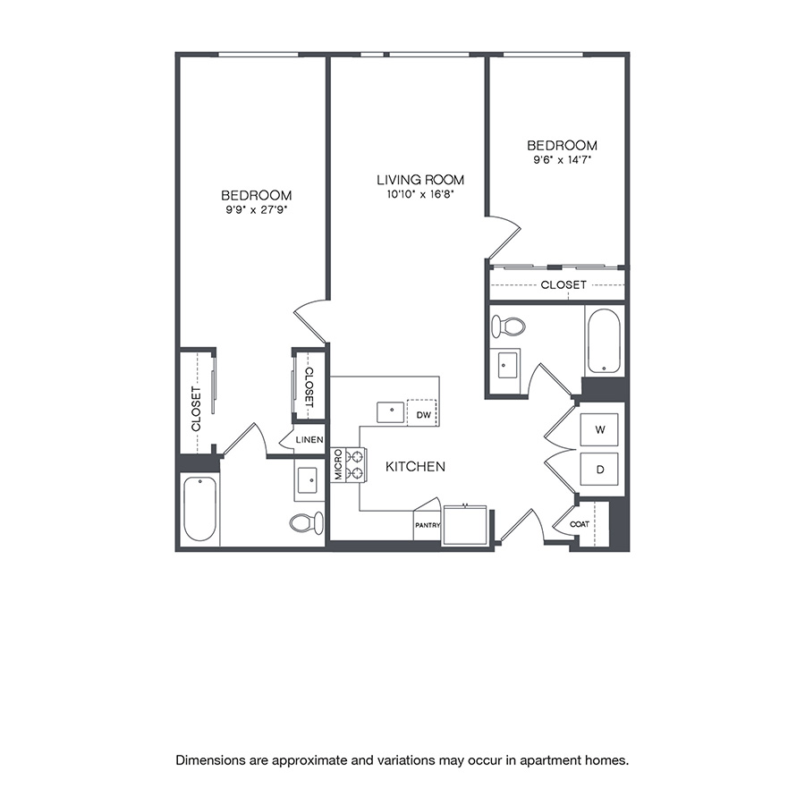 Rendering of the Wallingford floor plan with 2 bedroom[s] and 2 bathroom[s] at Griffis Shoreline