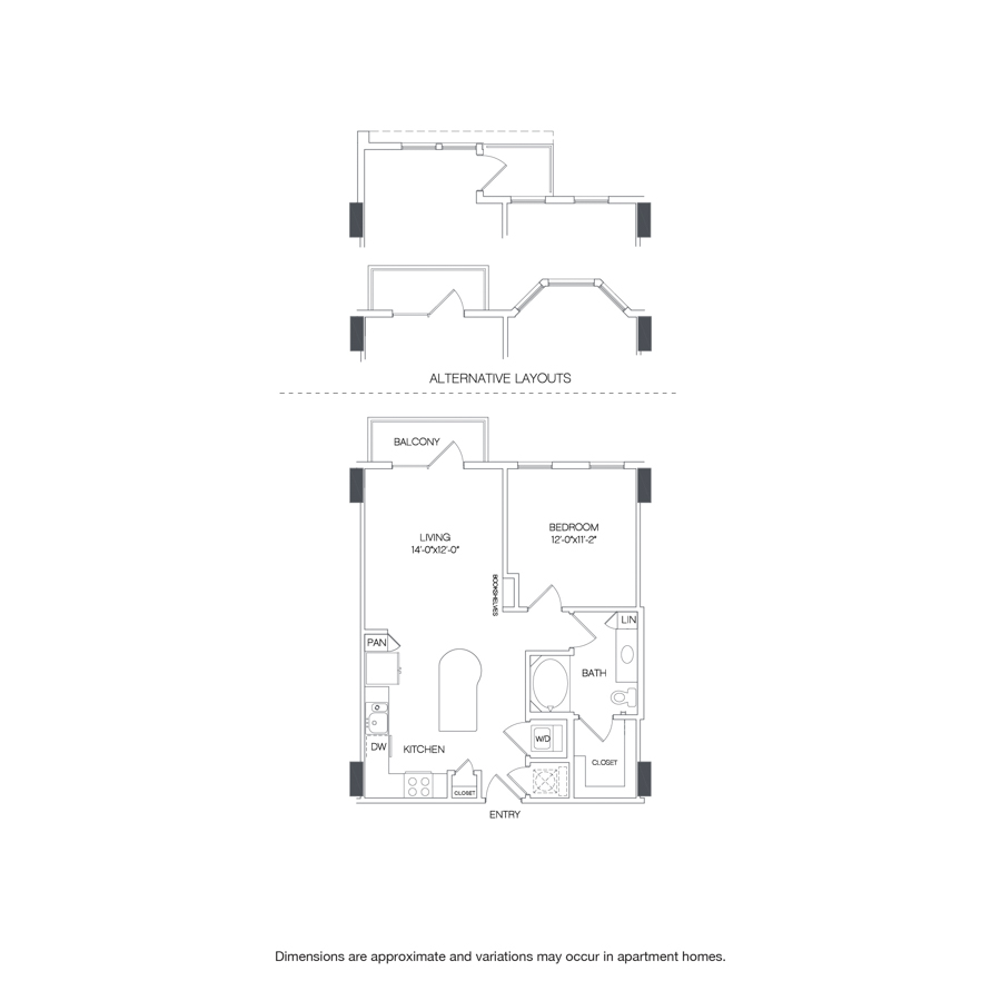 Rendering of the Elm floor plan with 1 bedroom[s] and 1 bathroom[s] at Griffis Uptown