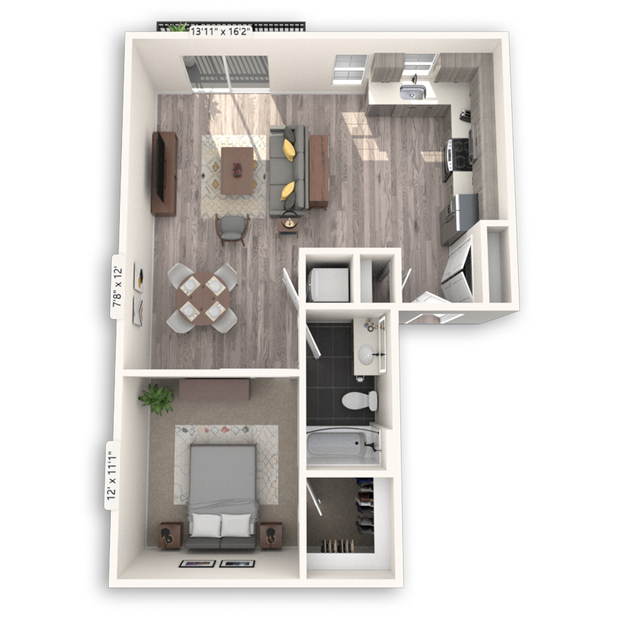 Rendering of the Jefferson Platinum floor plan with 1 bedroom[s] and 1 bathroom[s] at Griffis Cheesman Park
