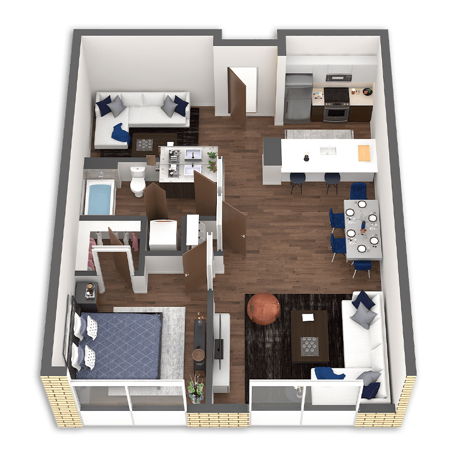 Rendering of the Pudding Platinum floor plan with 1 bedroom[s] and 1 bathroom[s] at Griffis South Waterfront