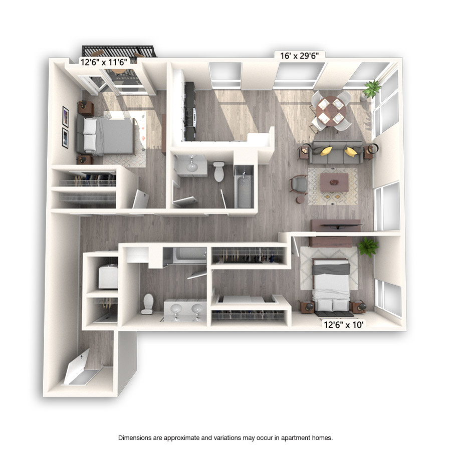 Rendering of the Washington floor plan with 2 bedroom[s] and 2 bathroom[s] at Griffis East Village