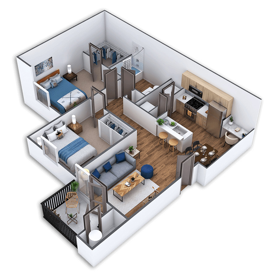 Rendering of the Brooklyn floor plan with 2 bedroom[s] and 1 bathroom[s] at Griffis North Creek