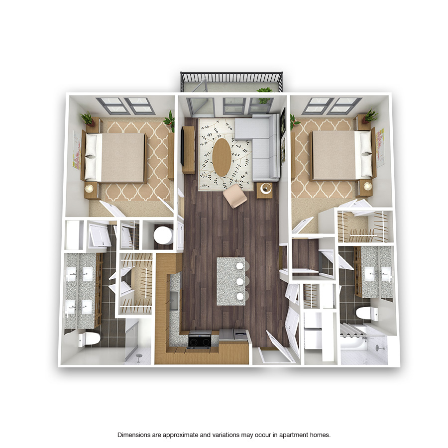 Rendering of the Sylvestor floor plan with 2 bedroom[s] and 2 bathroom[s] at Griffis Oak Lawn