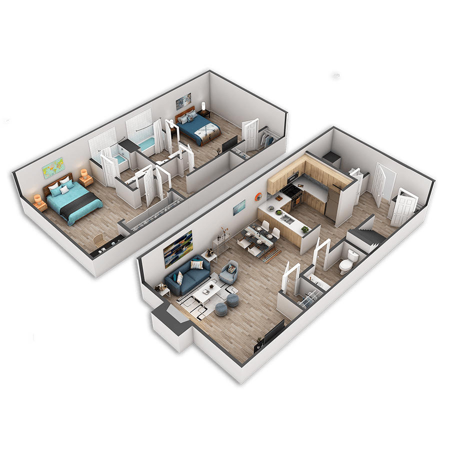 Rendering of the Samammish Platinum floor plan with 2 bedroom[s] and 2 bathroom[s] at Griffis Belltown