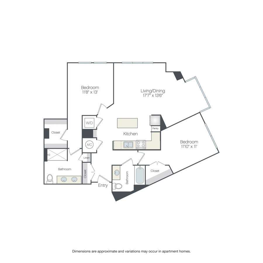 Rendering of the Moorland floor plan with 2 bedroom[s] and 2 bathroom[s] at Griffis Edgemoor