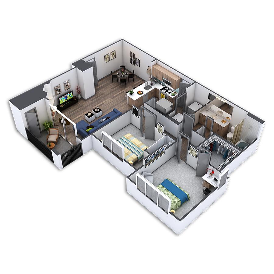 Rendering of the Dart Platinum floor plan with 2 bedroom[s] and 1 bathroom[s] at Griffis Belleview Station