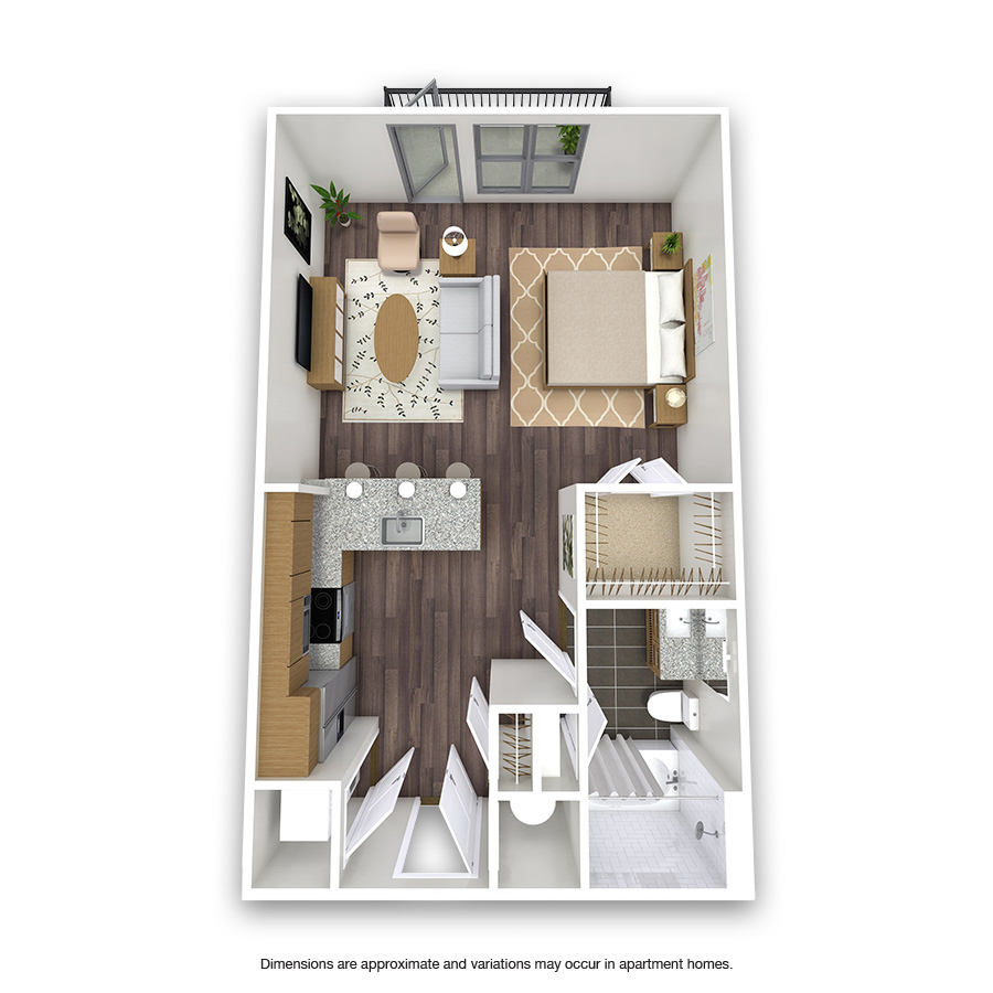 Rendering of the Brown floor plan with a Studio bedroom and 1 bathroom[s] at Griffis Oak Lawn