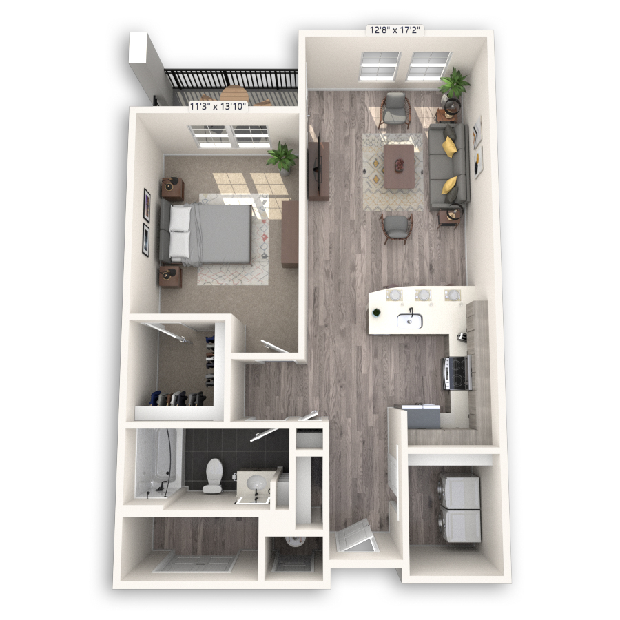 Rendering of the Fuller floor plan with 1 bedroom[s] and 1 bathroom[s] at Griffis Cheesman Park