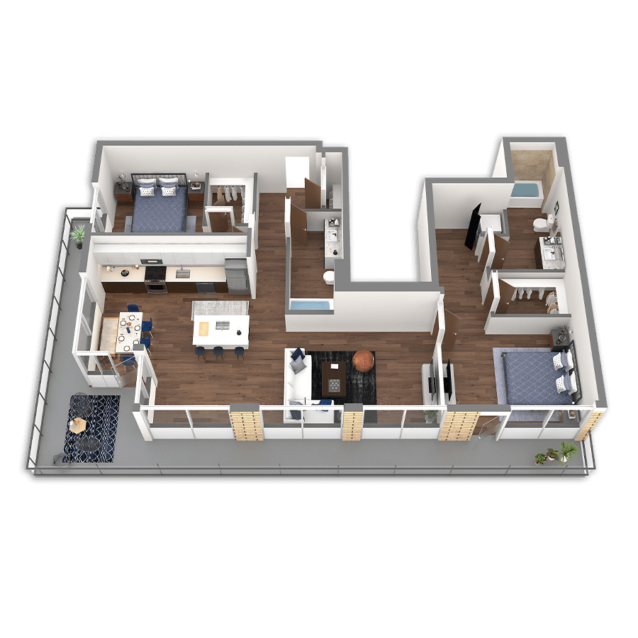 Rendering of the Hood Platinum Penthouse floor plan with 2 bedroom[s] and 2 bathroom[s] at Griffis South Waterfront