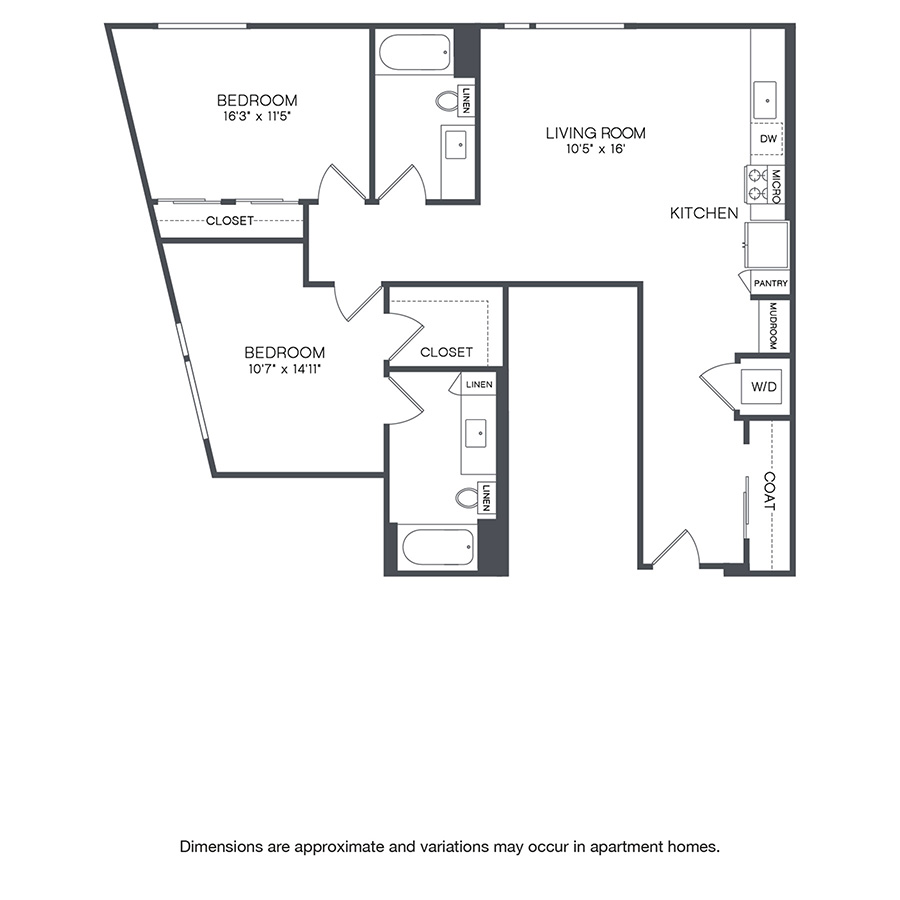 Rendering of the Stone floor plan with 2 bedroom[s] and 2 bathroom[s] at Griffis Shoreline