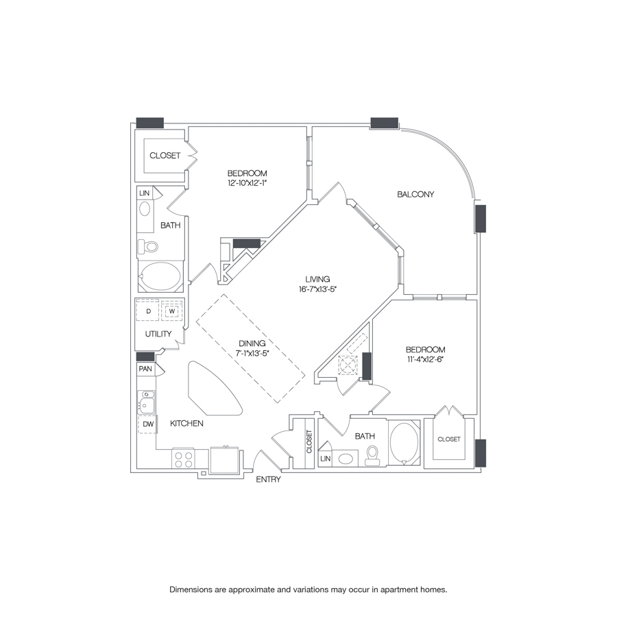 Rendering of the Pleasant floor plan with 2 bedroom[s] and 2 bathroom[s] at Griffis Uptown
