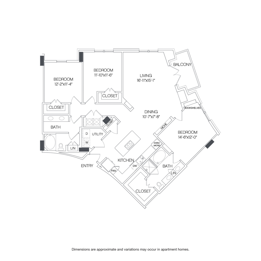 Rendering of the Santa Fe floor plan with 3 bedroom[s] and 2 bathroom[s] at Griffis Uptown