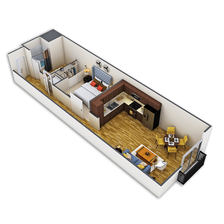 Rendering of the Arapahoe floor plan with 1 bedroom[s] and 1 bathroom[s] at Griffis Union Station