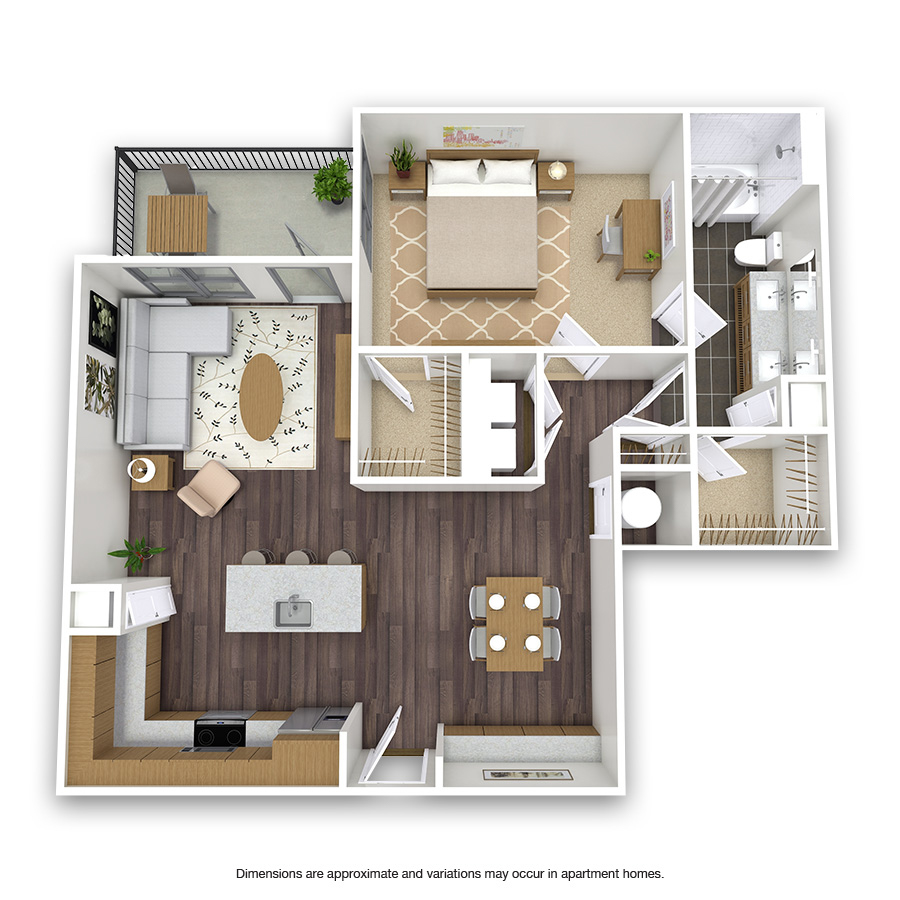 Rendering of the Reagan Platinum floor plan with 1 bedroom[s] and 1 bathroom[s] at Griffis Oak Lawn