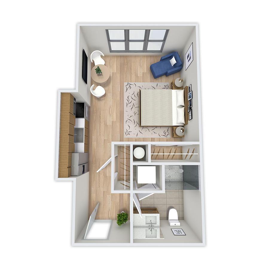 Rendering of the Arapaho floor plan with a Studio bedroom and 1 bathroom[s] at Griffis Platform Union Station
