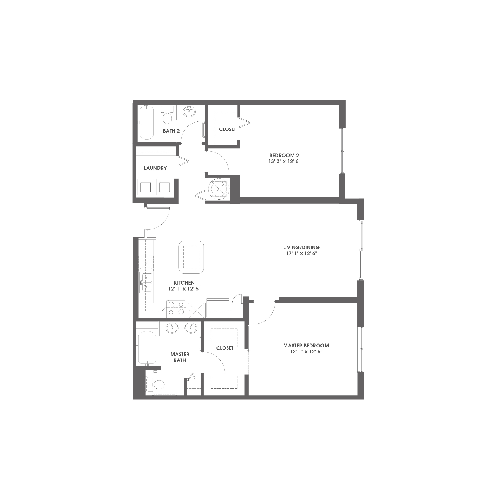 Rendering of the Lauderdale floor plan with 2 bedroom[s] and 2 bathroom[s] at Griffis Pompano Beach