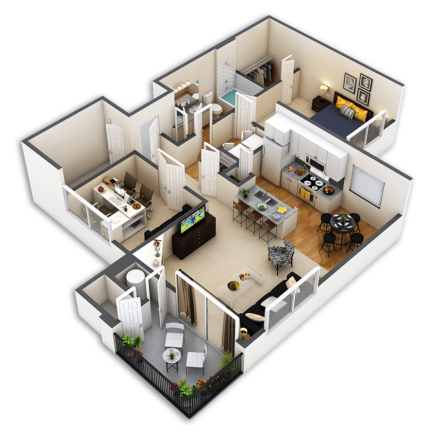 Rendering of the Belvedere Platinum floor plan with 1 bedroom[s] and 1 bathroom[s] at Sagebrook