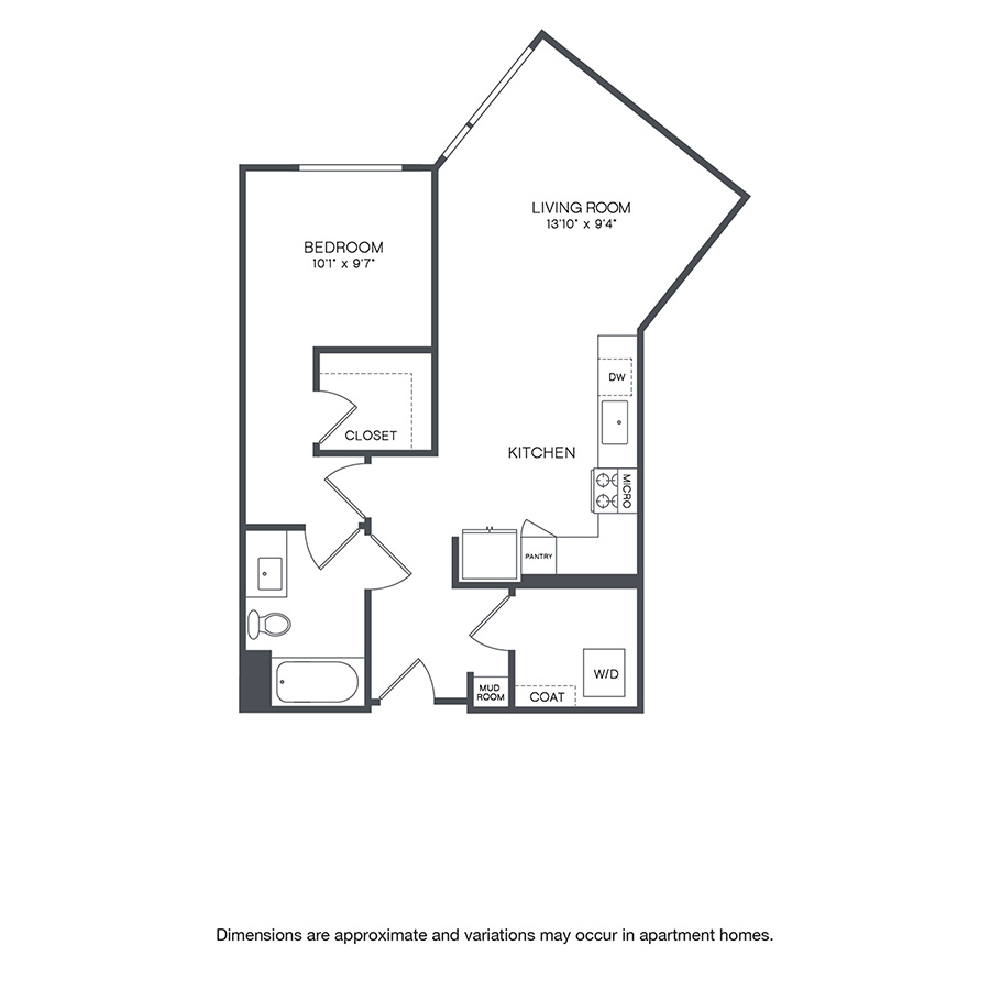Rendering of the Meridian floor plan with 1 bedroom[s] and 1 bathroom[s] at Griffis Shoreline