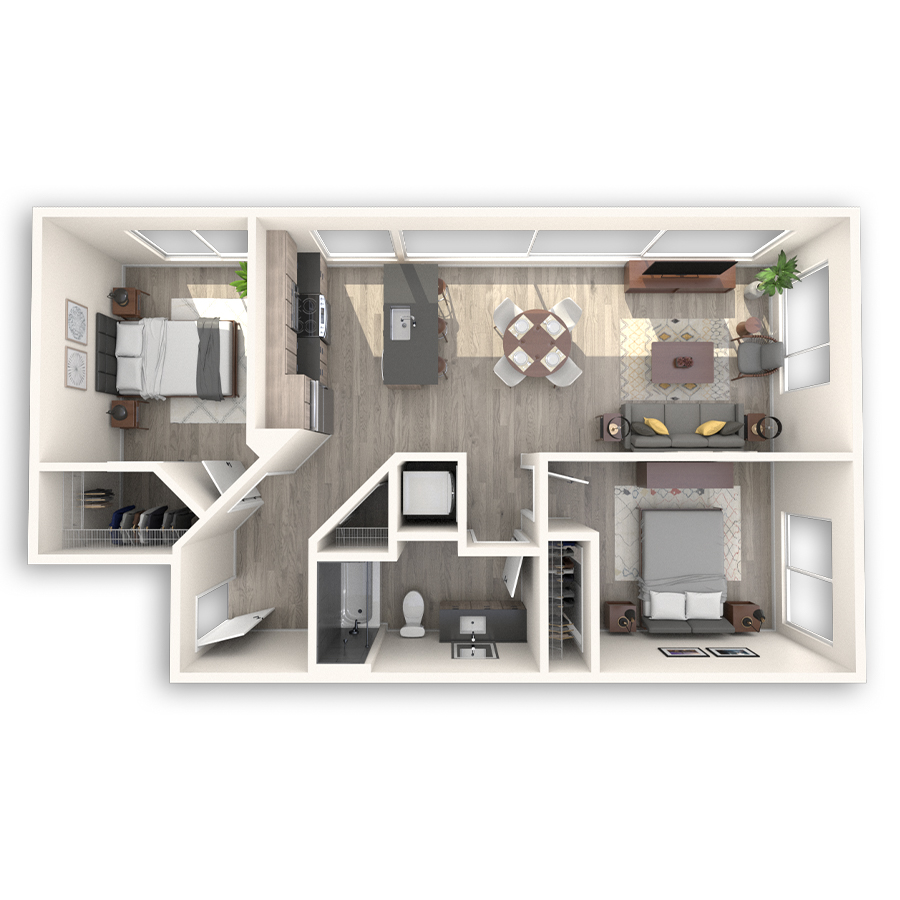 Rendering of the Pioneer floor plan with 2 bedroom[s] and 1 bathroom[s] at Griffis Seattle Waterfront