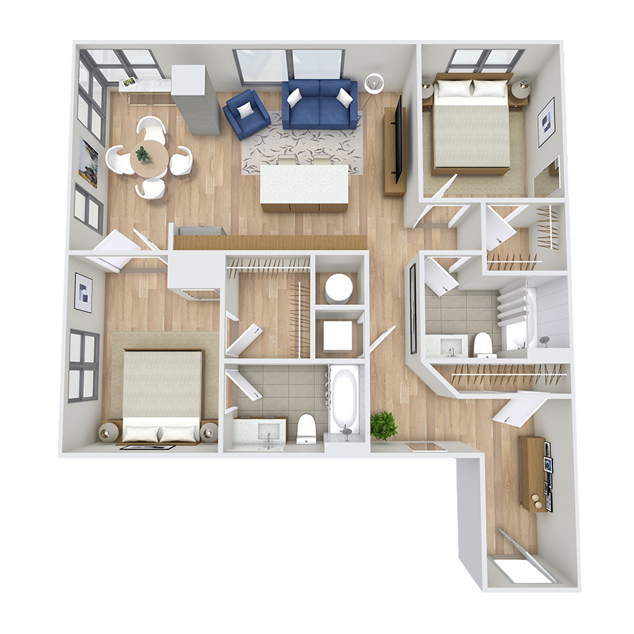 Rendering of the James floor plan with 2 bedroom[s] and 2 bathroom[s] at Griffis Platform Union Station