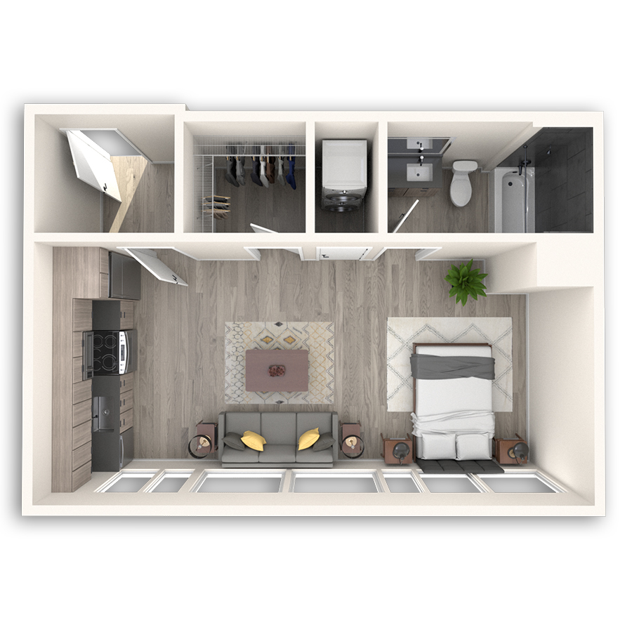 Rendering of the Georgetown Platinum floor plan with a Studio bedroom and 1 bathroom[s] at Griffis Seattle Waterfront