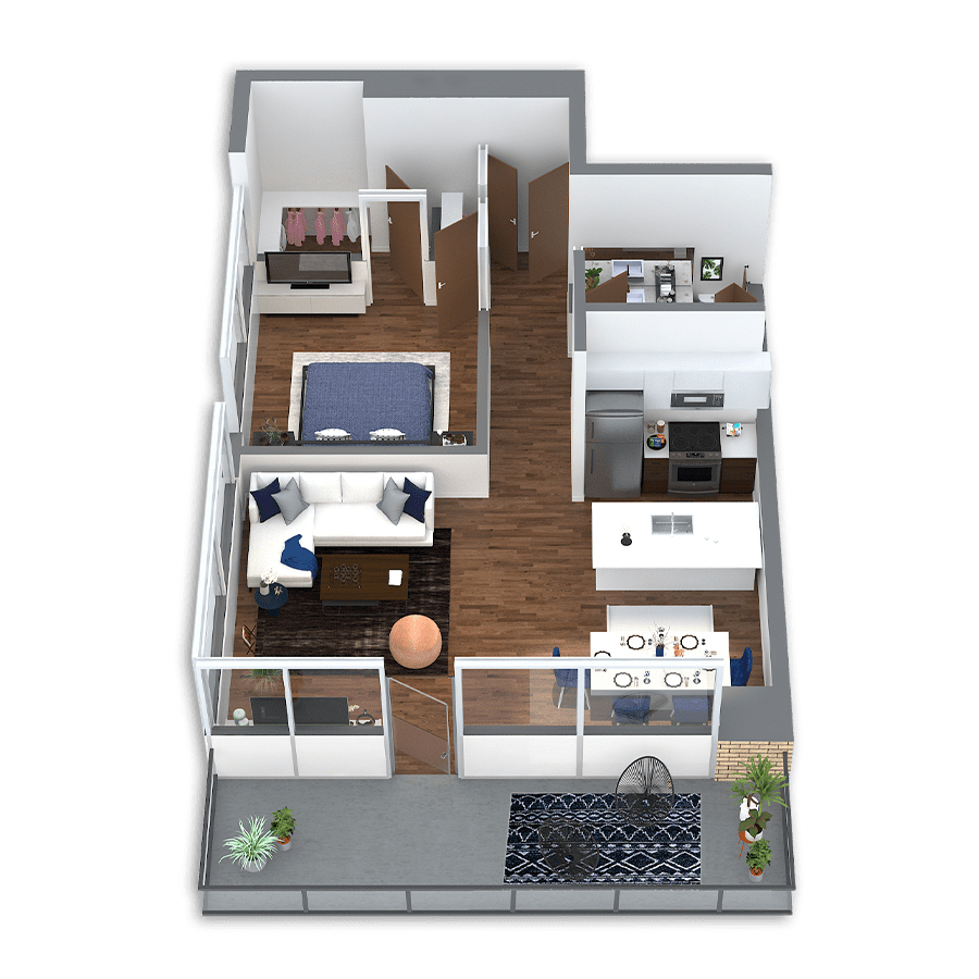 Rendering of the Klamath floor plan with 1 bedroom[s] and 1 bathroom[s] at Griffis South Waterfront