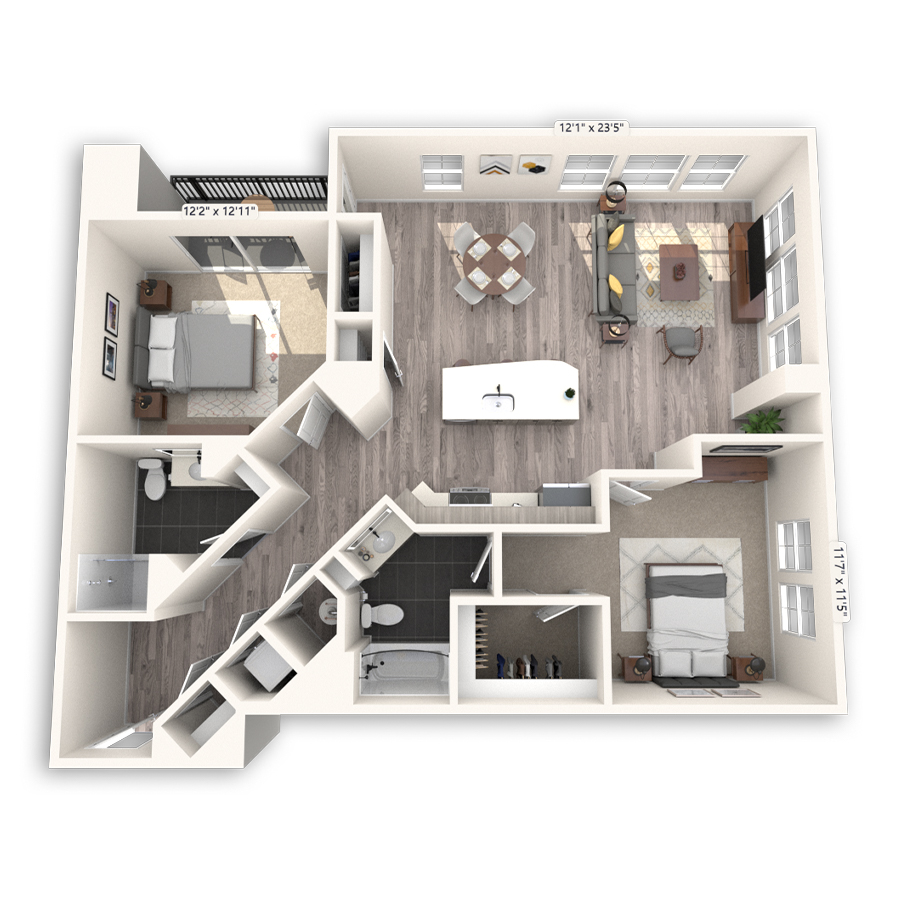 Rendering of the Skyline Platinum floor plan with 2 bedroom[s] and 2 bathroom[s] at Griffis Cheesman Park