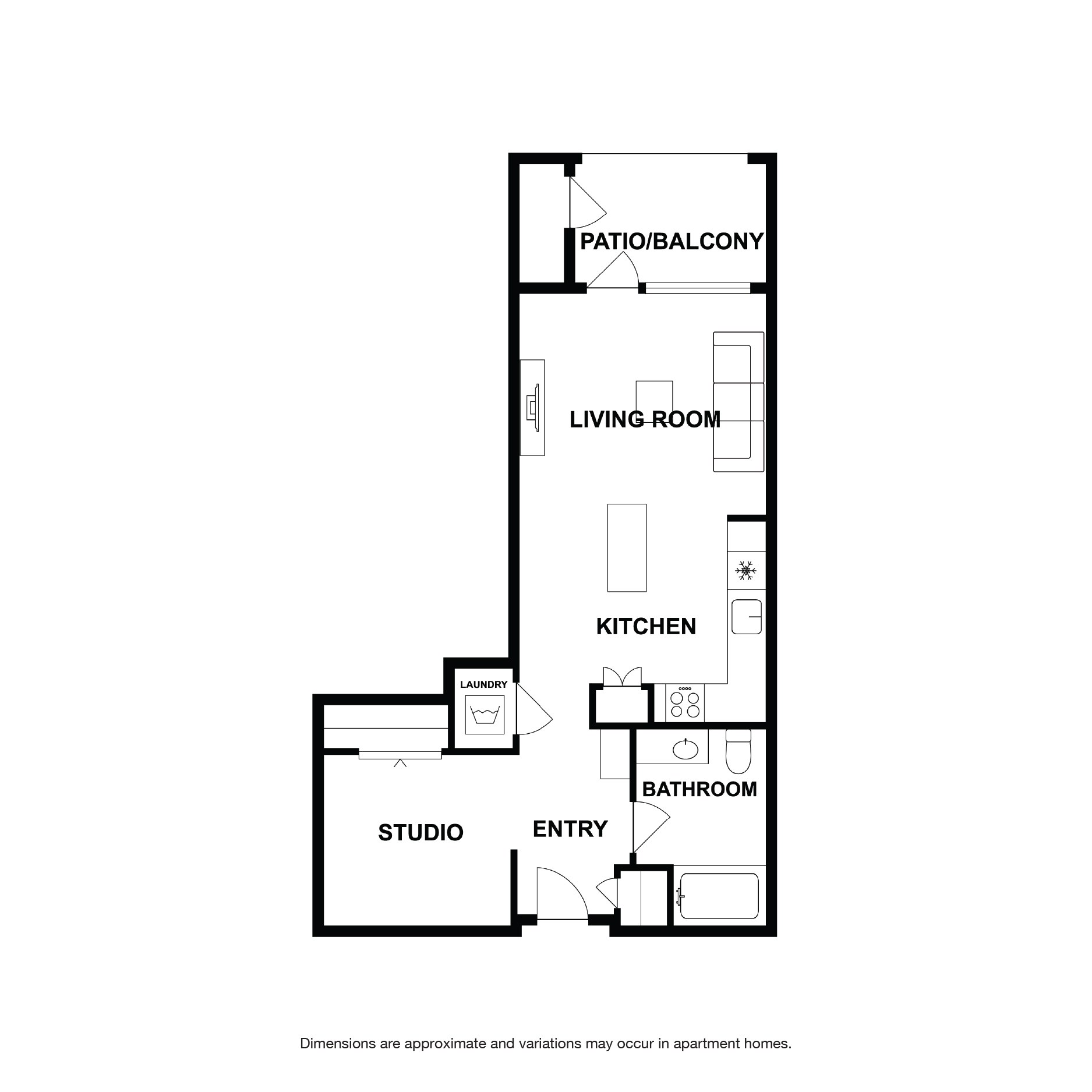 Rendering of the Aloe floor plan with a Studio bedroom and 1 bathroom[s] at Griffis Platinum Triangle