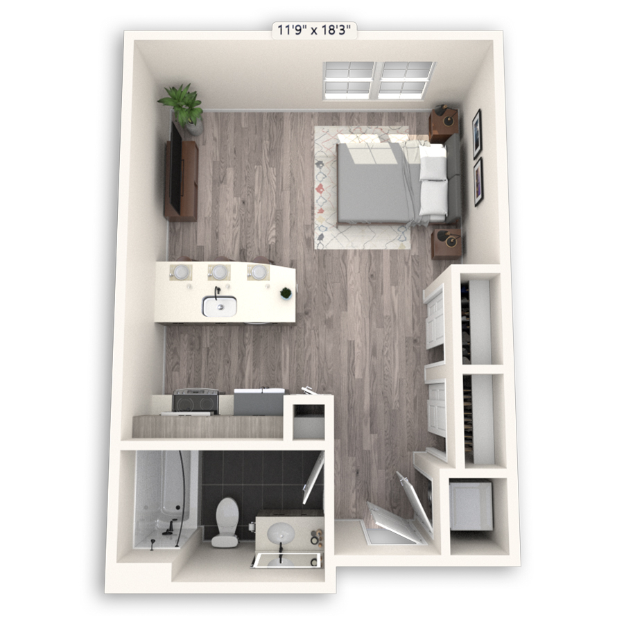 Rendering of the City floor plan with a Studio bedroom and 1 bathroom[s] at Griffis Cheesman Park