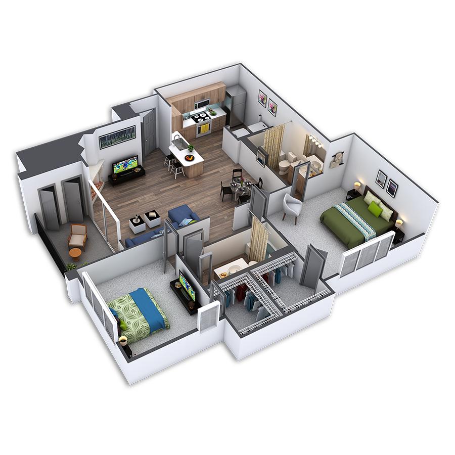 Rendering of the Renfe Platinum floor plan with 2 bedroom[s] and 2 bathroom[s] at Griffis Belleview Station