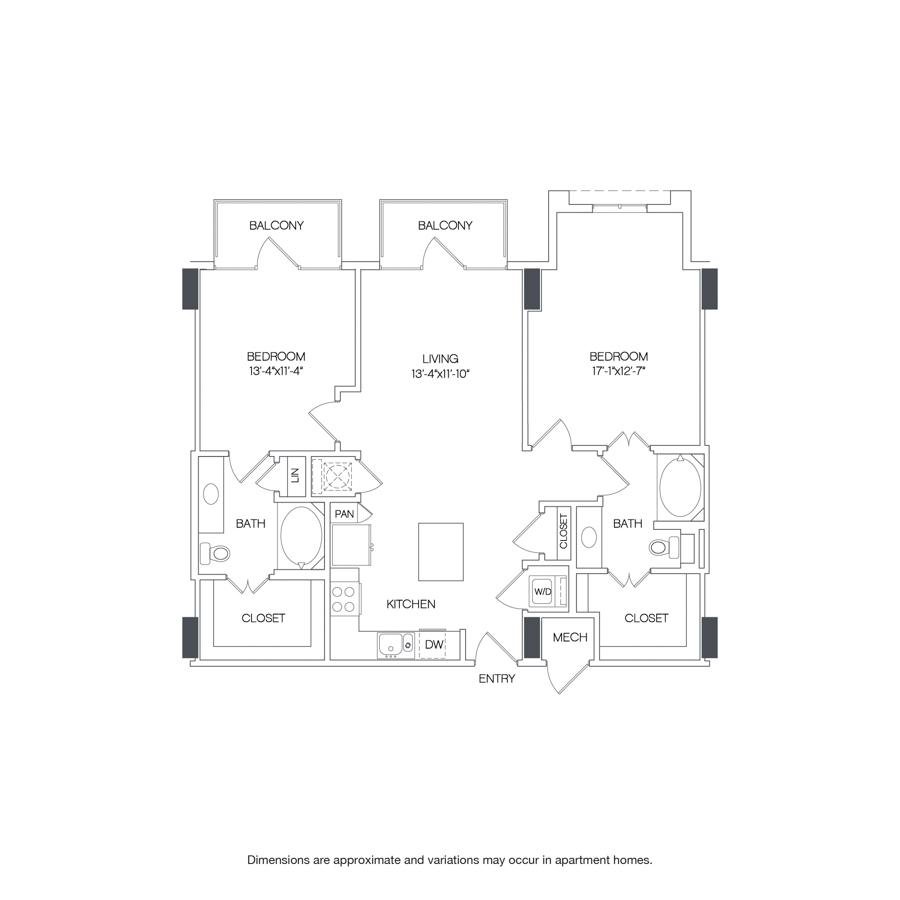 Rendering of the North Shore floor plan with 2 bedroom[s] and 2 bathroom[s] at Griffis Uptown