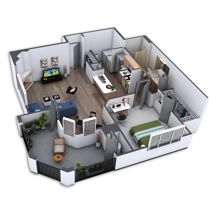 Rendering of the The L floor plan with 1 bedroom[s] and 1 bathroom[s] at Griffis Belleview Station