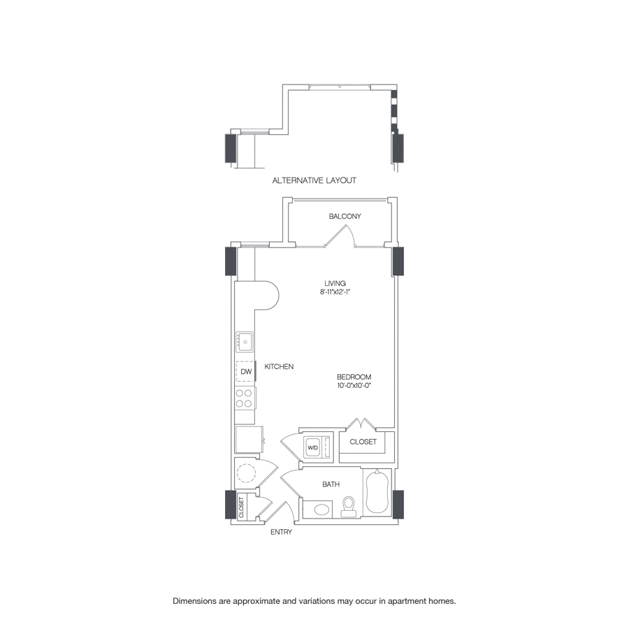 Rendering of the Arbor floor plan with a Studio bedroom and 1 bathroom[s] at Griffis Uptown