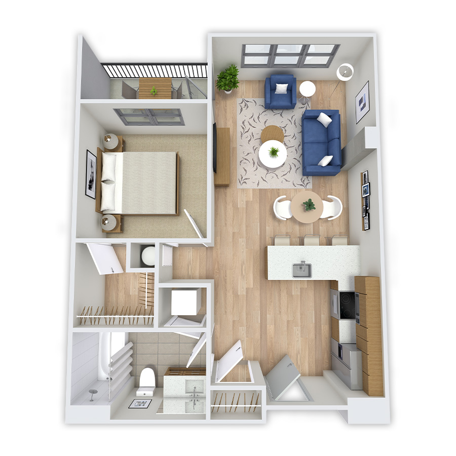 Rendering of the Windy floor plan with 1 bedroom[s] and 1 bathroom[s] at Griffis Platform Union Station