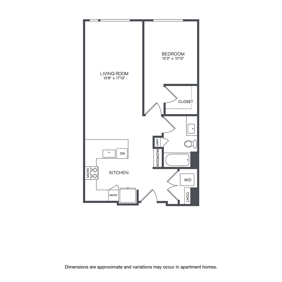 Rendering of the Nyanza Affordable floor plan with 1 bedroom[s] and 1 bathroom[s] at Griffis Shoreline