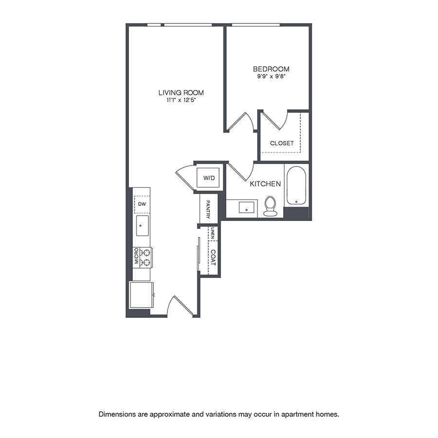 Rendering of the Greenwood floor plan with 1 bedroom[s] and 1 bathroom[s] at Griffis Shoreline